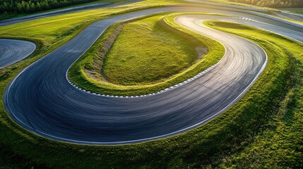 Obraz premium Aerial View of a Winding Racing Track Surrounded by Lush Green Grass in a Bright Sunlit Environment, Capturing the Essence of Motorsport and Speed