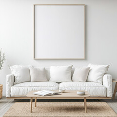 Serene living room featuring a blank canvas plush cozy sofa and soft natural light