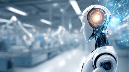 Robot in a high-tech manufacturing facility with glowing interfaces and metal surfaces reflecting light. Artificial Intelligence, Futuristic Digital Technology, Metaverse of Digital Intelligent World