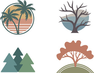 Four stylized tree logo designs sunset palm trees bare tree evergreen trees autumn tree