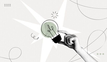 Trendy Halftone Collage Hand holds lightbulb. Creative mind or brainstorm. Create creative idea concept. Business solutions. Think outside the box. Marketing time. Contemporary vector illustration art
