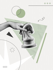 Trendy Halftone Collage Hand holding chess piece. Abstract chessman. Game strategy. Strategic leader. Knight horse chess figure. Paper texture. Contemporary vector illustration art