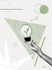Trendy Halftone Collage Hand holding energy-saving lightbulb with leaf. Green energy and environmentally friendly. Plant inside light bulb. Vertical poster. Contemporary vector illustration art