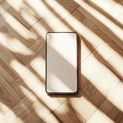 A wooden table serves as the backdrop for a smartphone mockup, characterized by its minimalistic and stylish design, making it perfect for projects or advertising layouts