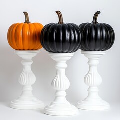 Three pumpkins are showcased in a minimalist setting, with two being orange and the other black, and the center pumpkin placed on a white pedestal, all set against a clean white background that