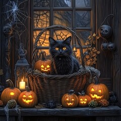 In a wicker basket, a black cat lies surrounded by a variety of Halloween decorations, including pumpkins and candles, with its attention focused on something to the side