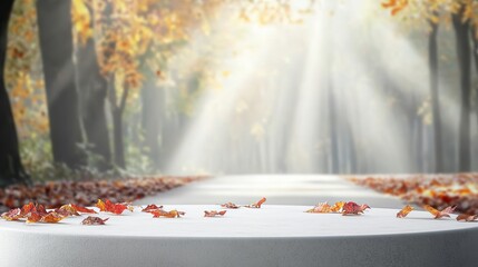 In a sunlit forest, a white round tabletop is decorated with an array of colorful autumn leaves, embodying the essence of the autumn season and nature, making it an ideal setting for product