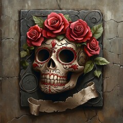 Intricate details, including red roses and lace, adorn an ornate sugar skull, which is beautifully set against a textured background for the Day of the Dead