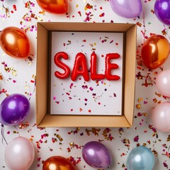 A white background serves as the foundation for a festive composition, comprising a box, an assortment of colorful balloons, and bold SALE text, further embellished by swirling confetti and