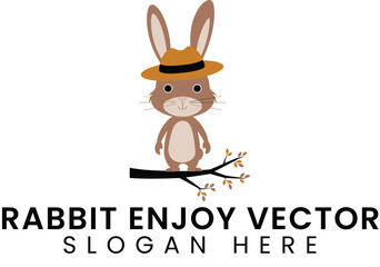 Cute Brown Rabbit Wearing Hat on Branch Vector art pet tree fall logo icon kids 