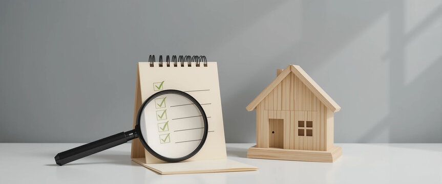 real estate inspection: miniature house with checklist and magnifying glass