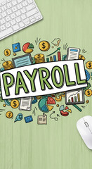 Green pastel background with keyboard and mouse, illustrating payroll concept via colorful hand-drawn charts, coins, and documents, ideal for business and finance