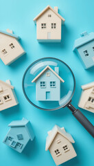 finding your dream home: magnifying glass over miniature houses on blue