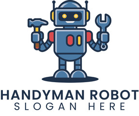 Handyman Robot Cartoon Illustration Design Vector red fun job cute blue logo    