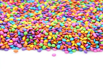 Rainbow glitter particles are scattered across a white background with available copy space, making up an abstract composition of shiny confetti to be used as a festive decorative border texture for