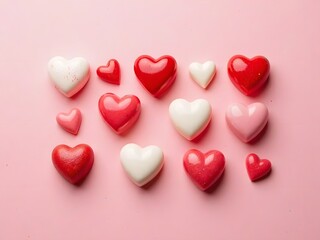 Heart-Shaped Candy Flatlay for Valentine’s Day: Flatlay of heart-shaped candies in red, pink, and white, arranged neatly in a romantic layout over a soft rose-colored background.