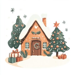 A Christmas holiday design concept is depicted through a watercolor cut out of a gingerbread house, complete with a wreath, snow, a Christmas tree, and gifts, all on a white background