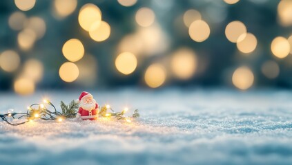 In a snowy winter scene, a cute Santa Claus figurine stands near a Christmas tree, surrounded by an assortment of gifts and decorations, embodying a festive holiday concept