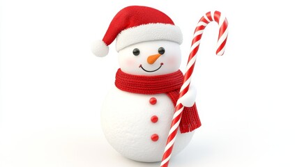 The cartoon illustration features a charming 3D snowman clad in a Santa hat, holding a candy cane, and positioned on a white background to represent a festive holiday character