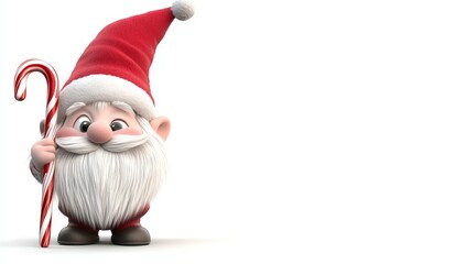 The image features a cute Scandinavian gnome figurine in a red hat, clutching a candy cane, posed on a white background, exemplifying a 3D Christmas character and holiday decoration concept