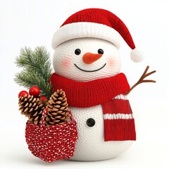 A Christmas-themed 3D cartoon character, depicted as a snowman with a pine cone, dressed in a Santa hat and red scarf, and holding a gift sack, is shown isolated on a white background, representing