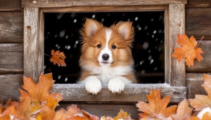 A wet puppy stands on a wooden deck amidst autumn leaves during a rainy fall day, providing ample copy space