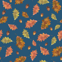 Print with autumn oak leaves and accorns. Hand drawn digital watercolor texture on dark blue background. 