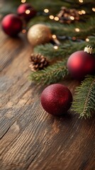 Red and gold Christmas baubles are decorated with pine branches and lights on a wooden surface, creating a festive holiday vertical decoration that includes copy space