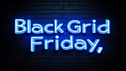 Against a dark brick wall, a 'Neon Black Friday' sign in blue lights presents a compelling visual for advertising, sales, and promotional activities