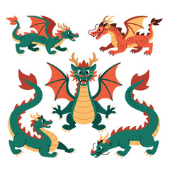 Collection of five cartoon dragons vector in various poses, featuring green and red color schemes with orange wings.