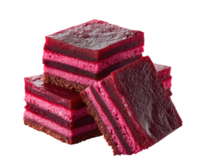 Stack of Beetroot and Raspberry Layered Dessert Squares on transparent background
