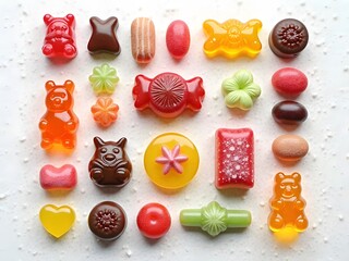 Color-Coded Candy Flatlay in Grid Pattern: Flatlay of different types of candies sorted by color and placed in a neat grid layout over a white background, creating a satisfying pattern.
