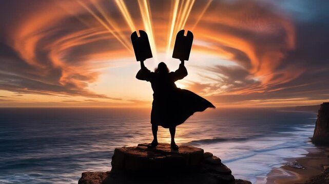 Commandments Moses silhouette holding tablets against dramatic sunset by the sea symbolizing divine message