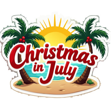 Festive Christmas in July Tropical Beach Scene Illustration.