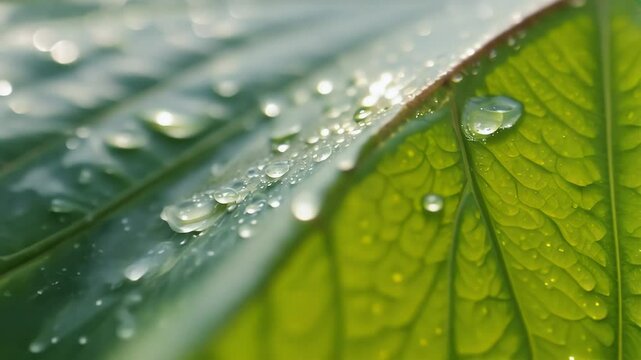 Time stopped droplets crystal rain cling to vibrant leaf veins each orb reflecting morning light intimate K macro scene evokes freshness life sustainability eco ads spa visuals