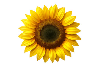 Sunflower head blooming with bright yellow petals, gleaming against transparent background