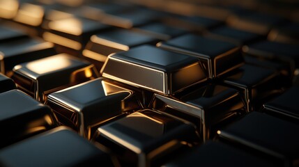 Obraz premium A Close-Up View of Glimmering Gold Bars Stacked Elegantly Reflecting Soft Light, Highlighting the Glossy Surfaces and Intricate Details in a Luxurious Setting