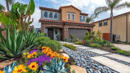 Obraz premium Charming Mediterranean-Style Home with Lush Landscaping and Colorful Flower Garden in a Picturesque Neighborhood Under a Sunny Sky
