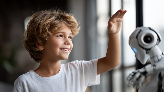 Little smiling child touches his hand to a robot, artificial intelligence Artificial Intelligence, Futuristic Digital Technology, Metaverse of Digital Intelligent World