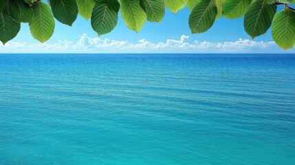 Vibrant Turquoise Ocean Waters Framed by Lush Green Leaves with Bright Blue Sky