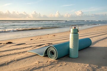 Yoga mat and water bottle on sandy beach at sunrise