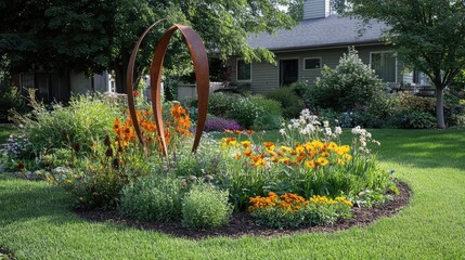 Fototapeta premium Vibrant Flower Garden with Sculptural Feature and Lush Green Lawn Surrounded by Charming Residential Landscape in Full Bloom During Sunny Day