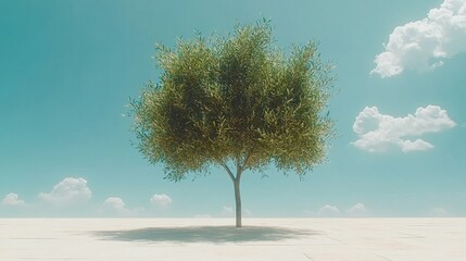 Solitary Tree Amidst Desert Plain Illustration Under Blue Sky Backdrop