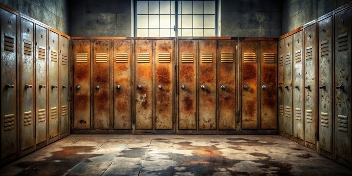A row of old metal lockers with rusty hinges and worn-out keys lying on the floor in a dimly lit high school hallway, old
