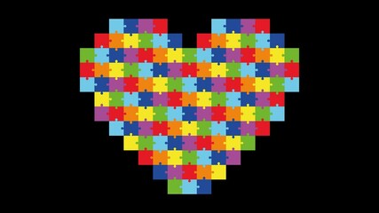 Animated Colorful Puzzle Heart with Transparent Alpha Channel. Symbol of Autism Awareness, Unity, and Love. Bright Jigsaw Pieces Forming Heart Shape for Education, Events, and Kids Projects. - Powered by Adobe