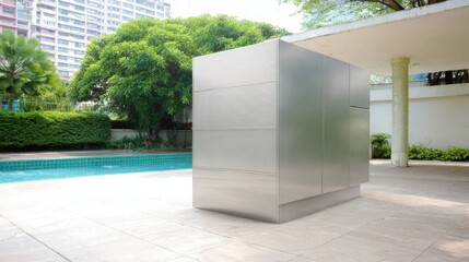 Sleek metallic rectangular structure with reflective surface and horizontal lines on tiled outdoor area near turquoise swimming pool with blue edges, framed by lush green bushes and trees, surrounded 