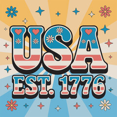 Retro U S A Logo Design Est 1776 Red Blue Yellow Flowers Stars