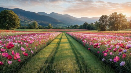 Blossom Field with Green Path Leading to Mountains Under Bright Sky