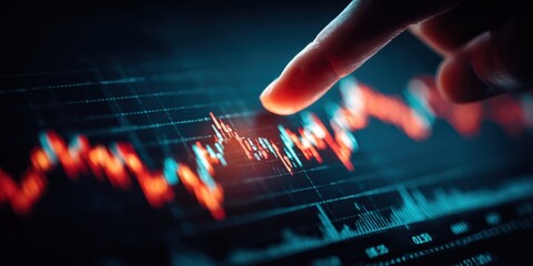 Finger touching digital financial data on a colorful screen during night hours in a modern workspace