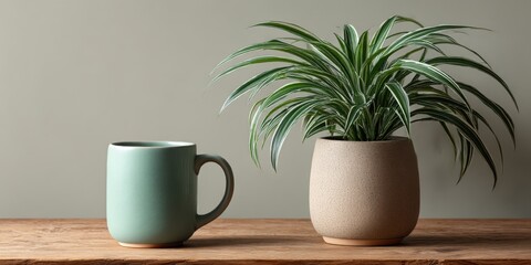 Elegant green mug and stylish plant arrangement on wooden table against a neutral background